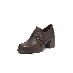Zapatos de Tacón Cuadrado Simple con Hebilla de Cinturón, Zapatos de Cuero Genuino, Zapatos de Suela Suave Retro de Moda - Product Image 1