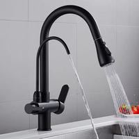 Robinet de cuisine moderne 3-en-1 à double poignée avec douchette extractible, thermostatique, 3 voies eau chaude/froide, cartouche céramique, finition laiton
