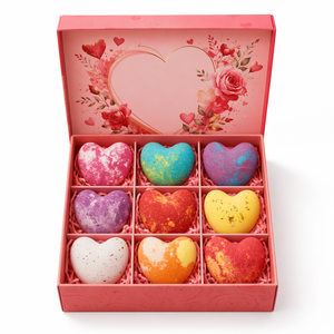 Set di Bombe da Bagno a Forma di Cuore, 9 Pezzi, a Base Vegetale, Rosa, Ylang-Ylang, Lavanda, Violetta, Osmanto, Giglio, Rosmarino, Gelsomino, Latte, Confezione Regalo - Product Image 5