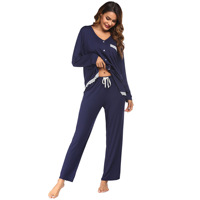 Pyjama long en satin pour femmes européennes et américaines, avec logo sur le devant, manches longues, pantalon long, taille élastique, vêtements de détente unis