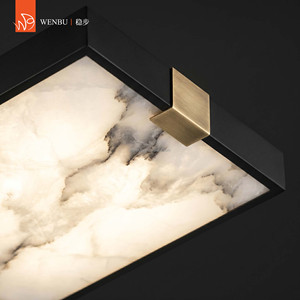 <b>Ceiling</b> <b>Light</b> Square Alabaster Flush Mount with Black Frame and Brass Accents <b>Modern</b> Stone Fixture for Living Room - Product Image 3