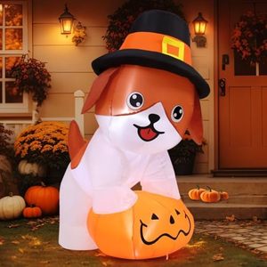 Décoration gonflable personnalisée de 1,57 m pour Thanksgiving : Chiot mignon sur citrouille avec chapeau de pèlerin et LED intégrées, idéal pour les fêtes d'intérieur et Halloween - Product Image 3