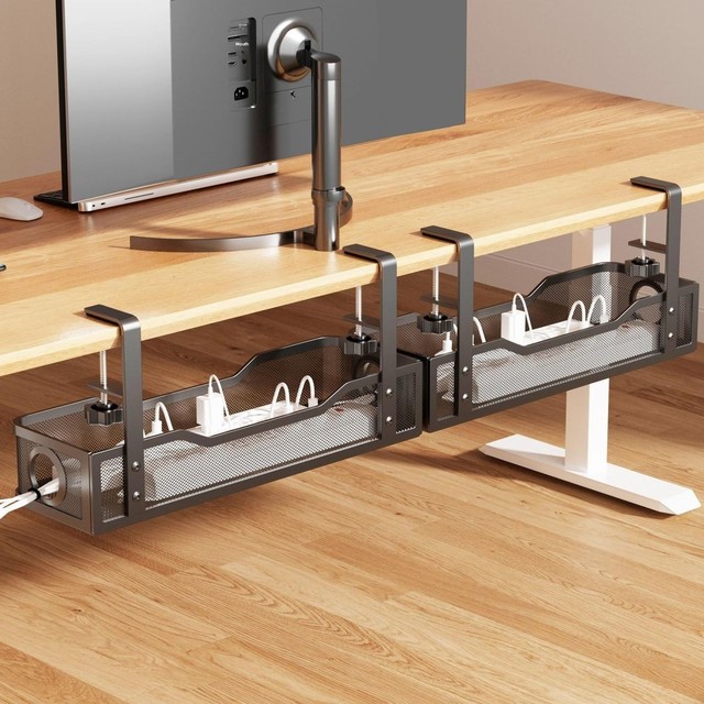 Drill-Free Carbon Steel Minimalist Style Under-Desk Cable Organizer Office Desk Clamp-Style Storage Rack Hanging Power Strip