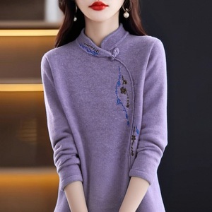 Women's Thickened Fleece Lined Retro Long Sleeve Sweater Purple Embroidered Autumn Winter Outerwear Base Layer M 4XL - Product Image 1