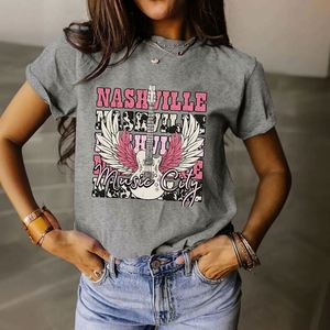 European American Women's Summer T-Shirt Nashville Music City Guitar Music Custom Print Crew Neck Loose Short Sleeve - Product Image 3