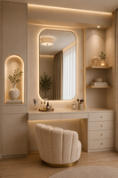 Table de maquillage moderne de luxe avec miroir arqué LED, bureau de coiffeuse personnalisé pour chambre à coucher avec tiroirs de rangement et armoire en verre