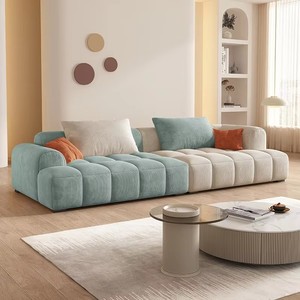 Divano componibile a L in velluto a coste stile crema, tre posti, per soggiorno - Product Image 1