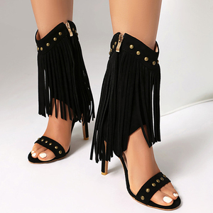 Women Tassels Summer Short Booties Rivets Single Band Side Zipper Ankle <b>Boots</b> Thin High Heels Sandals Big Size 48 Suede Shoes - Product Image 4