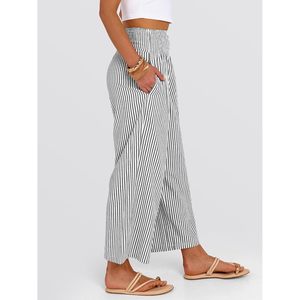 ANRABESS Pantalon palazzo rayé à jambes larges pour femme, en coton et fibre de bambou, respirant, avec poches, décontracté, pour la détente, bas de pyjama court - Product Image 4