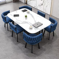 Ensemble de table à manger moderne en pierre frittée pour 6 personnes avec chaises rembourrées en rotin jaune - Meubles de salle à manger écologiques et durables pour la maison
