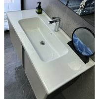 Meuble-lavabo mural moderne en acier inoxydable pour salle de bain, résistant à l'eau, avec vasque en céramique sans joint et double porte silencieuse