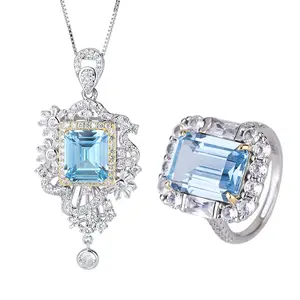 Fine Jewelry 2 pcs Set 925 Sterling Silver Emerald Cut Imitation aquamarine gemstone Necklace and ring Sets