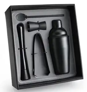 5pcs Black Cocktail Bar Shaker Set Barware Tools Stainless Steel Cocktail Mixer Set Portable With Jigger