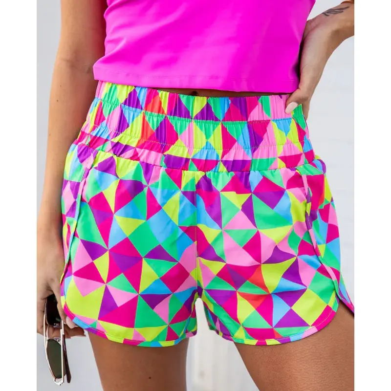 Fascia in vita spessa combinazione di colori Multi colore bloccato Active Wear Shorts pantaloncini sportivi a vita alta da donna Active Wear Shorts