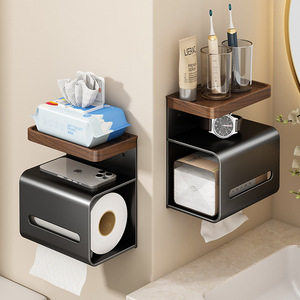 <b>Wall</b> Mounted Toilet Paper Holder Walnut Wood No Drilling Required Multipurpose Tissue <b>Box</b> Bathroom Storage Shelf - Product Image 1