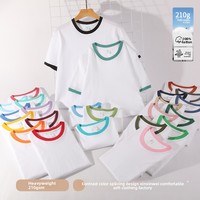 Kaos oblong katun murni 210g, serap keringat tinggi, kerah O-neck, lengan pendek, pria wanita, warna polos, desain polos
