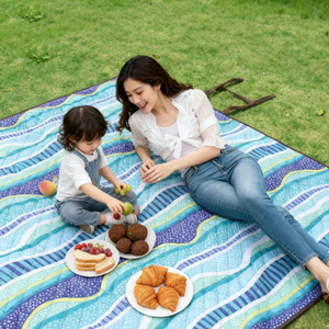 Tapis de pique-nique réutilisable et lavable en machine, épaissi, avec imprimé vagues colorées, fond antidérapant en tissu Oxford, résistant à l'eau, pour l'extérieur - Product Image 3