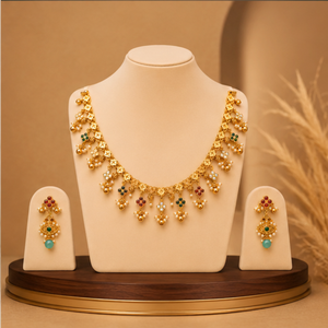 Conjunto Clásico de Collar y Aretes de Oro de 24K con Incrustaciones de Perlas y Piedras Preciosas para Mujer, Joyería de Boda - Product Image 5