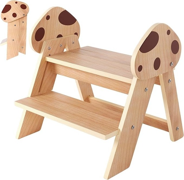 Beech Wooden Toddler Step Stool 2-Step Foldable Non-Slip Surface Modern Design Kitchen Use Potty Training Cute Mushroom Design