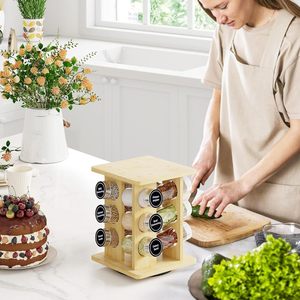 Bamboo Wood <b>Rotating</b> <b>Spice</b> <b>Rack</b> Double Layer Airtight Storage With Labels And Funnel For Kitchen Use - Product Image 3