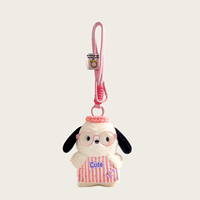 Porte-clés en peluche chiot blanc Kawaii, doux et durable, avec lunettes, chapeau et tablier, pour décoration de sac à dos, cadeau, vente en gros