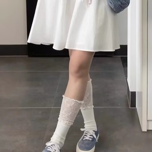 Women's Lace Trimmed Calf <b>Socks</b> Cotton Breathable Anti Slip Slouch <b>Socks</b> For Autumn White <b>Black</b> Solid Color W1887 - Product Image 2