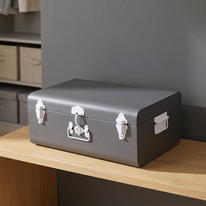 Minimalist Metal <b>Storage</b> Box Rectangular <b>Trunks</b> With Lid Gray Color For Sundries 1 Layer Hinged Design - Product Image 1