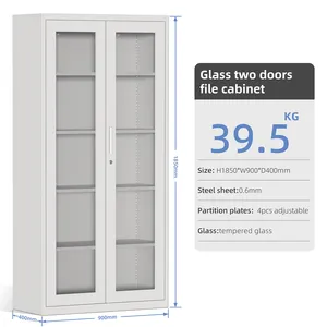 New 2 Door Stainless Steel Furniture Swing Glass Door Archive Metal Filing Large File Cabinet Office Book Case With Lock