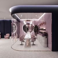 Présentoir personnalisable pour salon de manucure avec comptoir en pierre rose et bleue avec éclairage LED