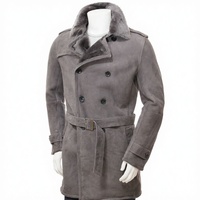 Blouson moto croisé en toile et daim pour homme avec col en fausse fourrure et ceinture, logo frontal, hiver, style décontracté chic, coupe classique