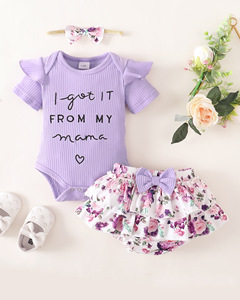 Vente en gros d'usine, vêtements d'été pour bébé fille, t-shirt à manches courtes imprimé, short, ensemble de 3 pièces - Product Image 3