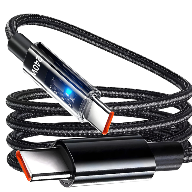 240W 10A Quick Charging USB-C Cable PVC Braided Transparent Type-C High-speed Data Transfer Wire for Phone Laptop & Tablet