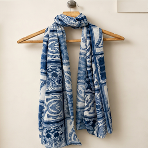 Blue White Floral Geometric Dobby Printed Poly Scarf <b>Shawl</b> Tassel Edge Lightweight <b>Wrap</b> for Travel Gift - Product Image 1