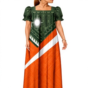 Vestido Mumu Micronésico Personalizado, Estampado Tribal Polinesio Tapa, Hombros Descubiertos, Mangas Abullonadas, Vestido Maxi, Moda Isleña OEM - Product Image 6