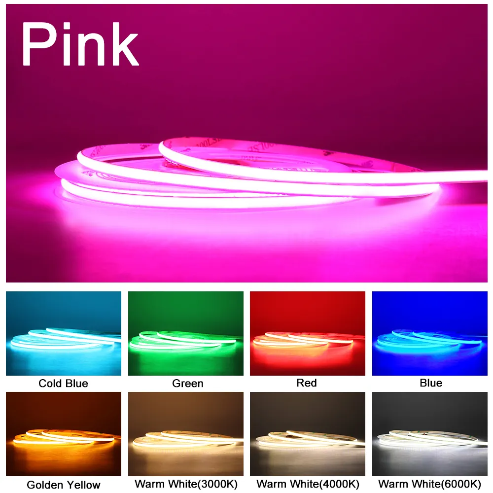 3mm 5mm 8mm 10mm Flexible LED COB Strip 12V 24V FOB LED Light Tape Bar CRI 90 Ice Blue Red Green Yellow Warm Cold White Color