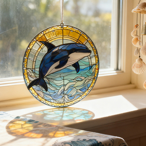 Custom Art Deco Animal Dolphin Sun Catcher Waterweed Stain Glass <b>Panel</b> <b>Window</b> for Home Decoration-Ocean Ornaments - Product Image 5