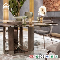 Table de salle à manger ronde de luxe nordique moderne avec plateau en pierre frittée et chaises, plateau tournant en verre fumé et marbre, ensemble de restaurant pour villa