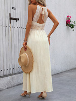Robe longue bohème décontractée beige personnalisable à bretelles fines et taille en dentelle froissée pour femme