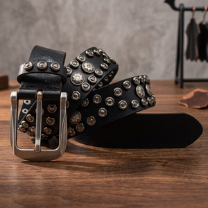 Black <b>Cow</b> Hide Belt With Silver Star Studs Pin Buckle Casual Punk Rock Style - Product Image 2