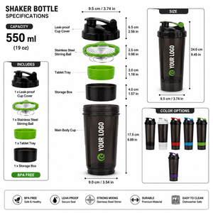 Botella Mezcladora de Proteínas 3 en 1 con Logotipo Personalizado, 500 ml |   Vaso mezclador para gimnasio sin BPA con contenedor para polvo y pastillero para regalos deportivos - Product Image 5