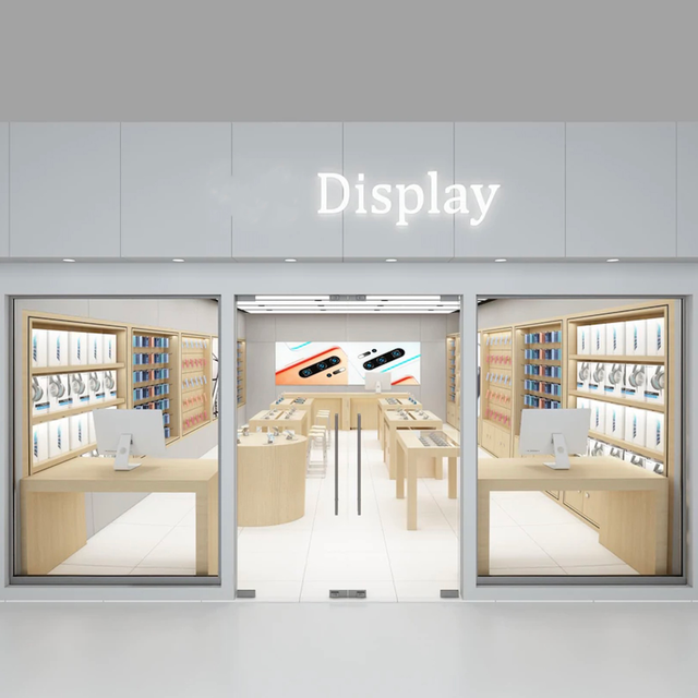 Wooden Cell Phone Display Led Table Mobile Phone Accessories Display Counter Apple Store Showroom Furniture