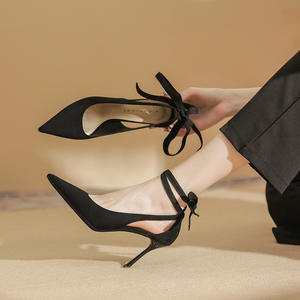 Zapatos de boda de verano de cuero dorado para mujer, color champán, estilo chino, tacón de aguja, punta puntiaguda, con lazo - Product Image 6