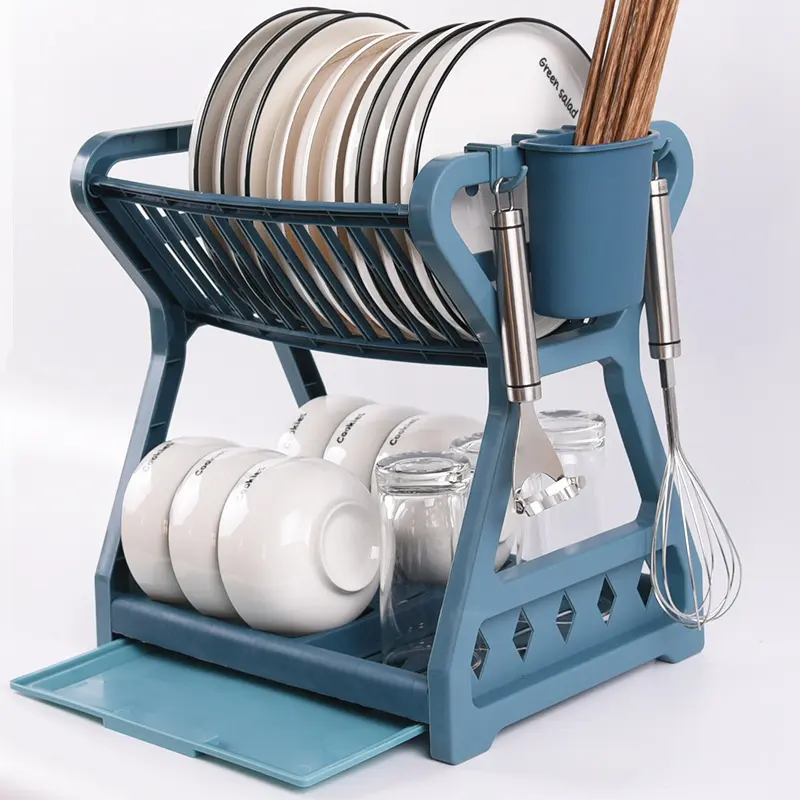 Kitchen Accessories 2-tier Cup Bowl Plate Organizer Storage Shelf Drainer Plastic Dish Drying Rack With Hooks