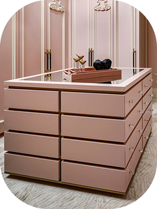 Îlot de dressing minimaliste avec dessus en verre, commode, îlot de dressing avec rangement central en bois massif - Product Image 2
