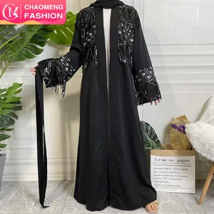 1905 # 고품질 블랙 Nida 오픈 Abaya 실버 스팽글 긴 소매 패션 드레스 Abayas 이슬람 여성