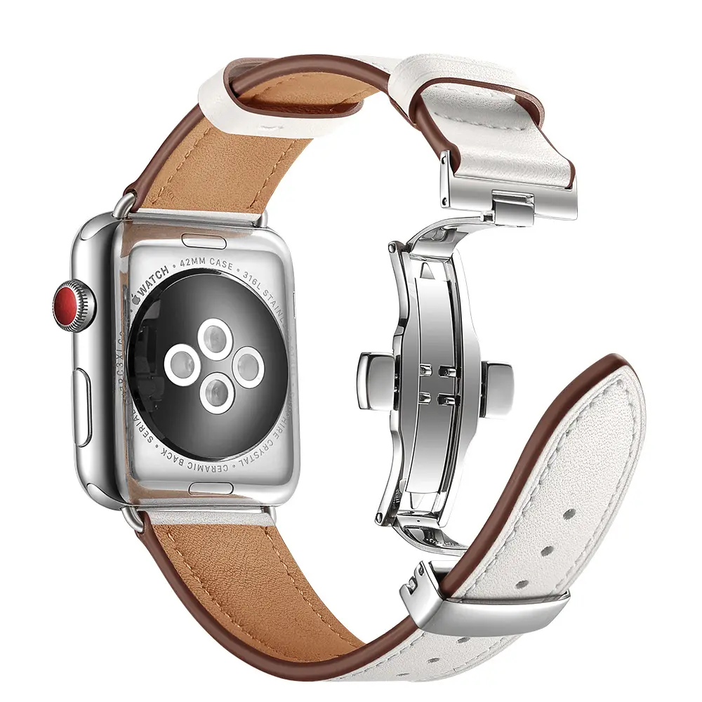 COOLYEP สายหนังสมาร์ทวอช,สายนาฬิกาหนังวัวพร้อมหัวเข็มขัดผีเสื้อโลหะสำหรับสาย Apple Watch 5 4 3 2 1