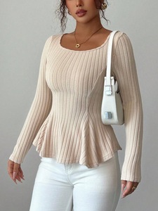 Top a Maniche Lunghe da Donna Autunno 2026, Colore Unito, Collo Quadrato, Casual, Alta Qualità, Tessuto Elasticizzato Lavorato a Maglia, Moda - Product Image 4