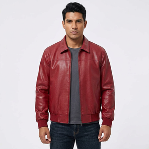 Veste unisexe en cuir véritable rouge, écologique, avec logo sur le devant, col montant, fermeture éclair, style décontracté, coupe ajustée, pour l'hiver - Product Image 1