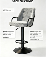 Tabouret de bar pivotant réglable en hauteur avec accoudoirs en tissu Teddy gris, durable, pour comptoir de bar domestique, vente en gros ODM pour projets en vrac