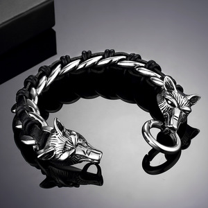 Genuine cowhide woven wolf head bracelet colorfast titanium steel animal <b>bangle</b> leather wristband jewelry for <b>men</b> daily wear - Product Image 3
